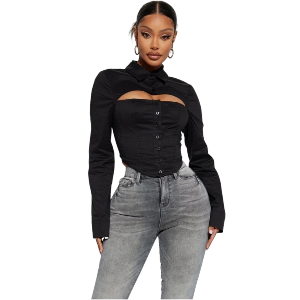 NWT Fashion Nova Little Miss Popular Poplin Black Shirt- Size Large